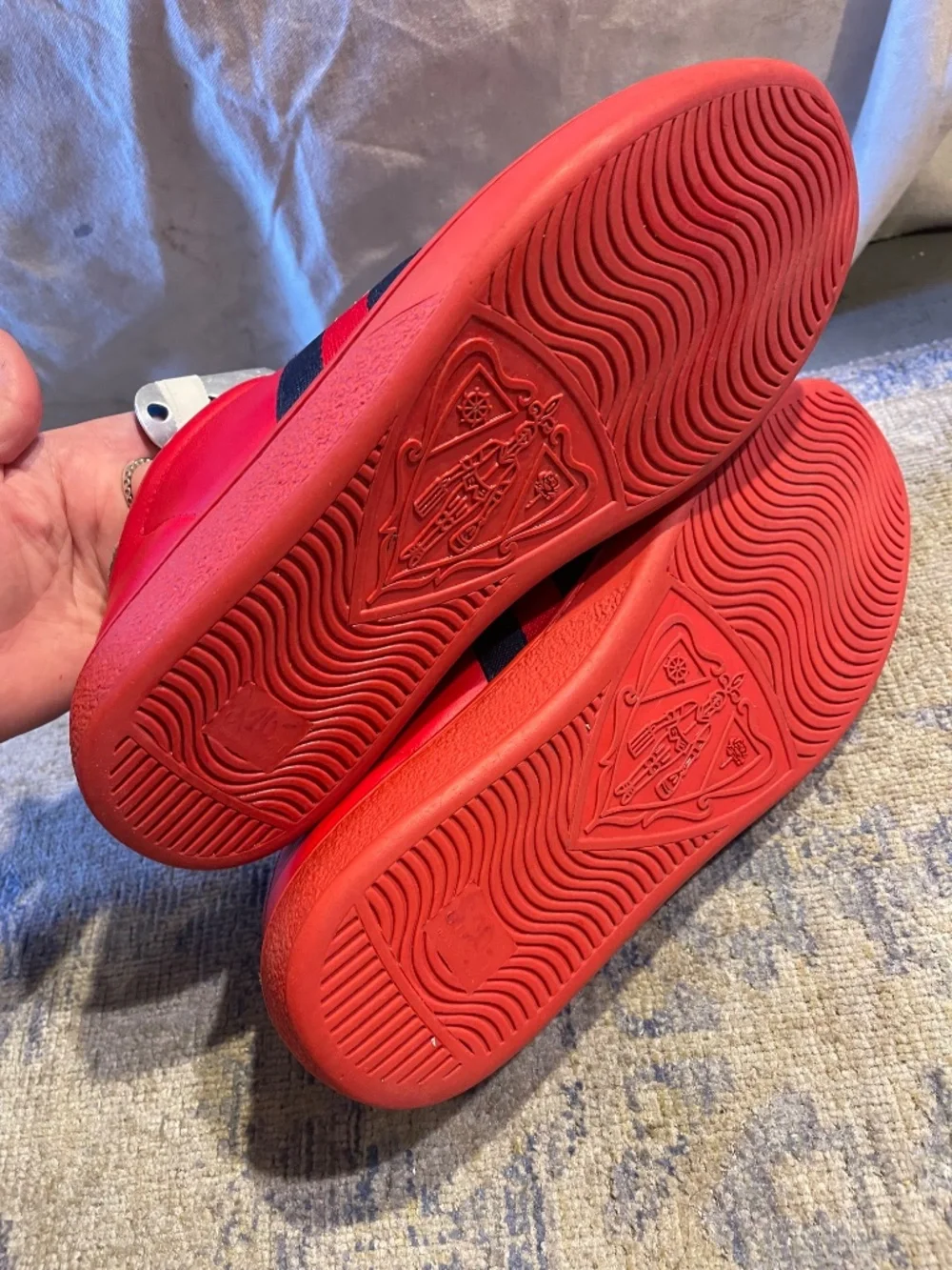 Gucci Red Leather Sneakers with Black Stripe and Gold Bee
